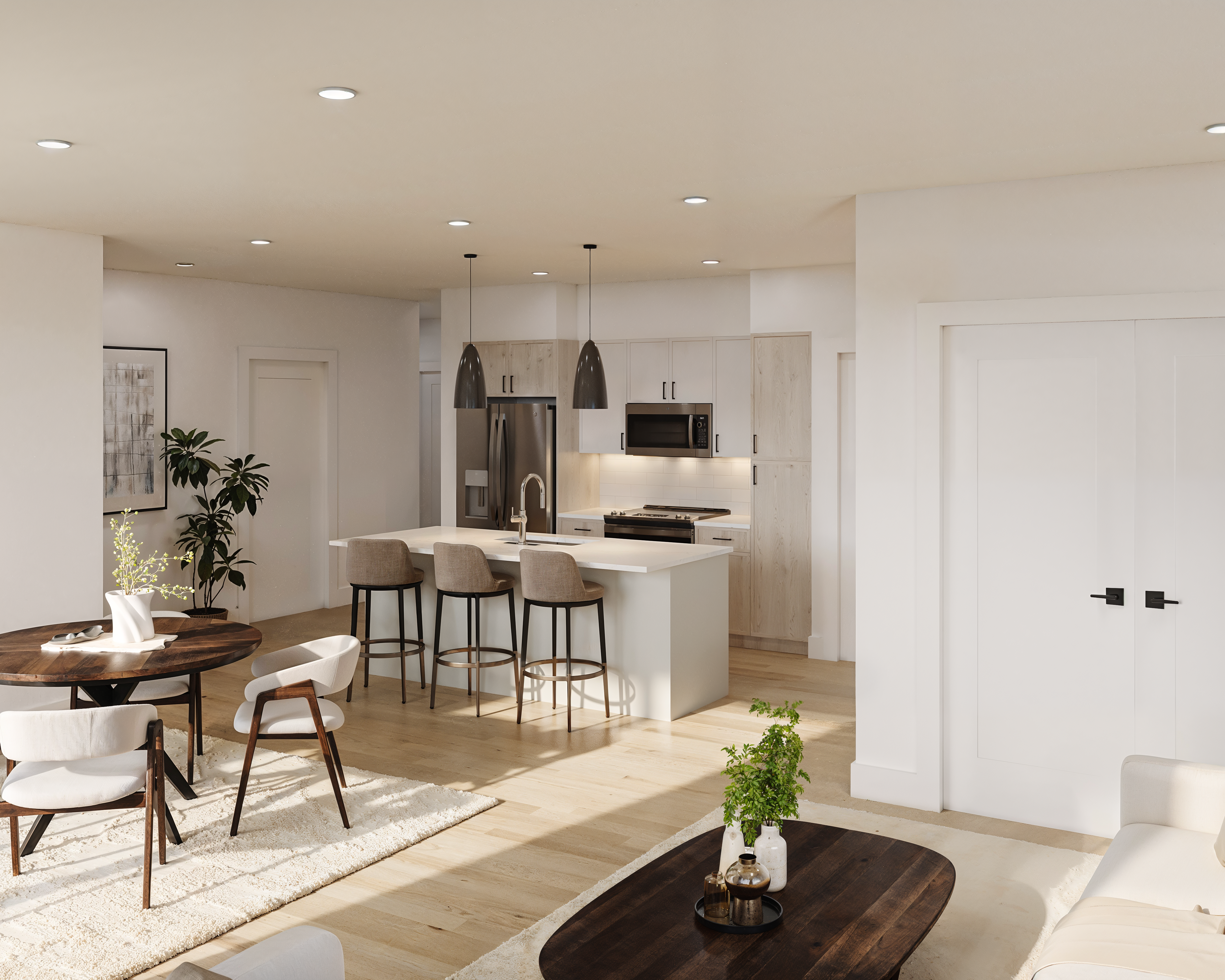 Unit View D03 Opt 2 Apartment kitchen at Sutton Hills featuring a central island with barstool seating, pendant lighting, stainless steel appliances, and white cabinetry. Open-concept layout includes a dining area and living space with wood flooring and contemporary decor.