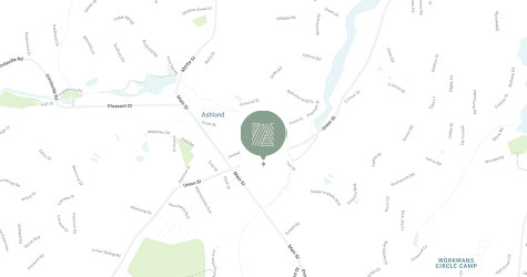 Map showing the location of Sutton Hills apartment community in Ashland, Massachusetts. A green location marker with Sutton Hills’s logo is centered on the map.